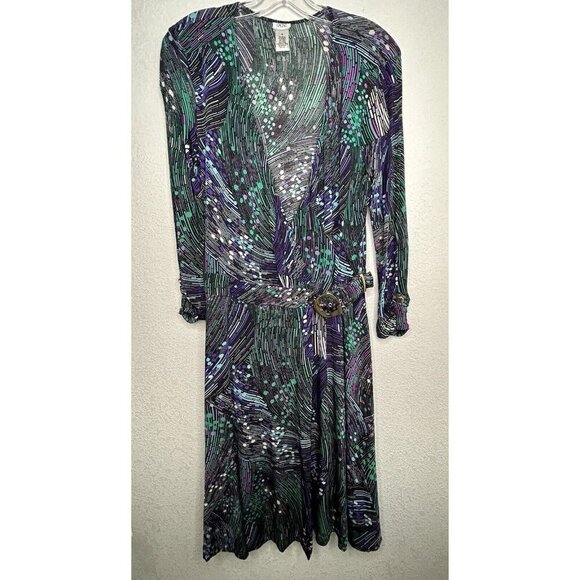 Cache Wrap Dress Medium Gold Buckle Black Geometric Print Stretch Classic Curvy - Picture 2 of 13